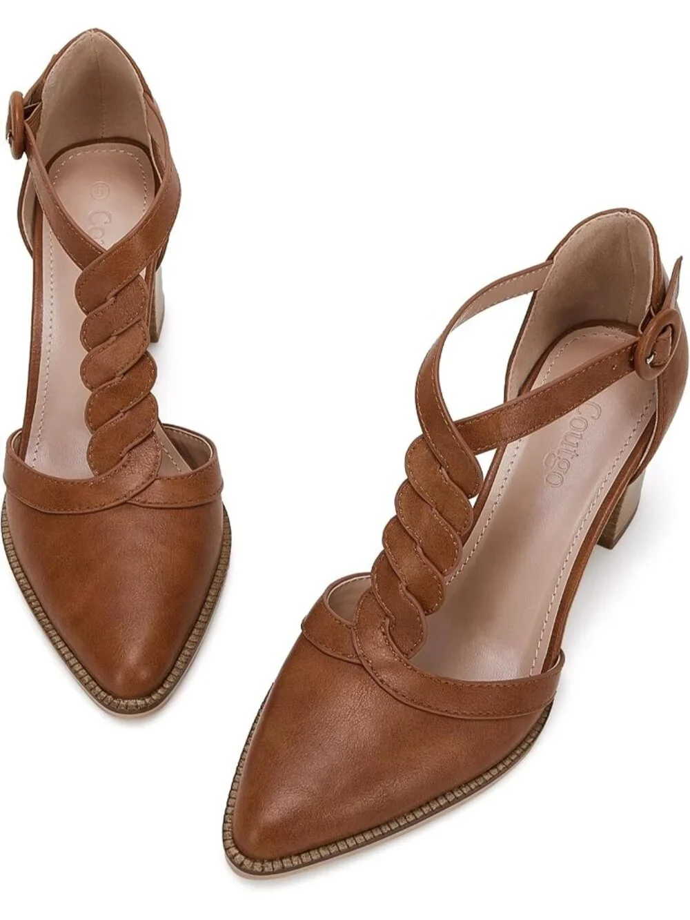Women's Brown Chunky Heels T Strap Pointed Toe Stacked Heeled Sandals Pumps